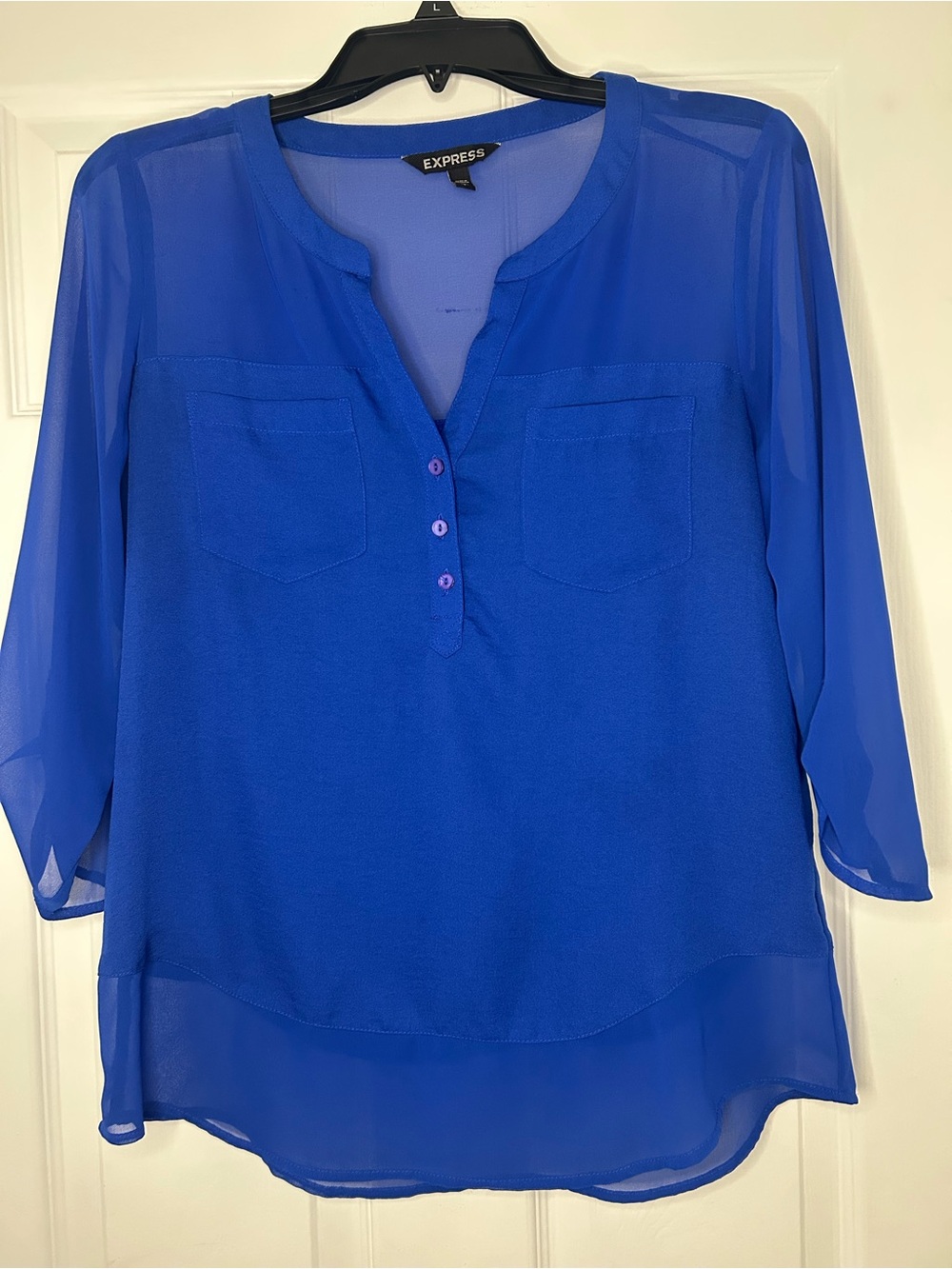 Express Women's Cobalt Blue Sheer Popover Blouse